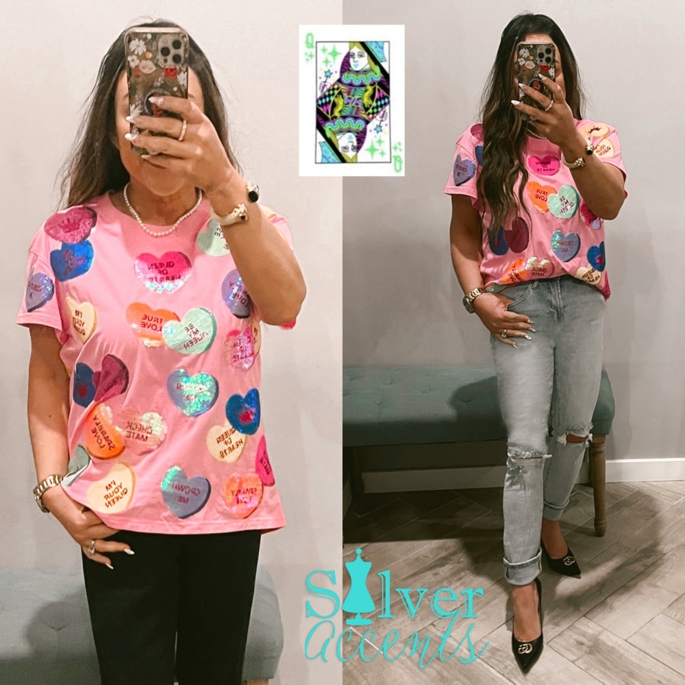 QUEEN OF SPARKLES Sequin CANDY HEARTS Tee Shirt NWT Anthropologie M